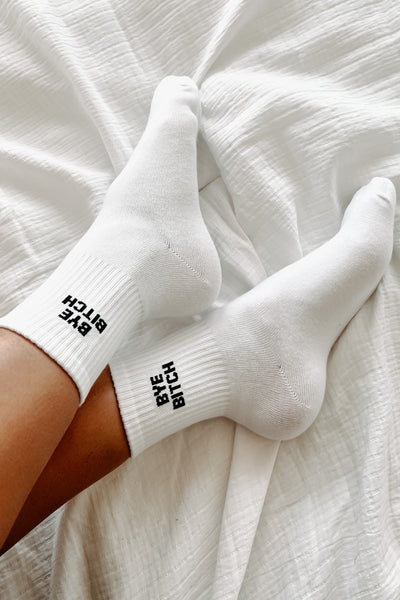 Doorbuster "Bye Bitch" Graphic Crew Socks (White) - NanaMacs