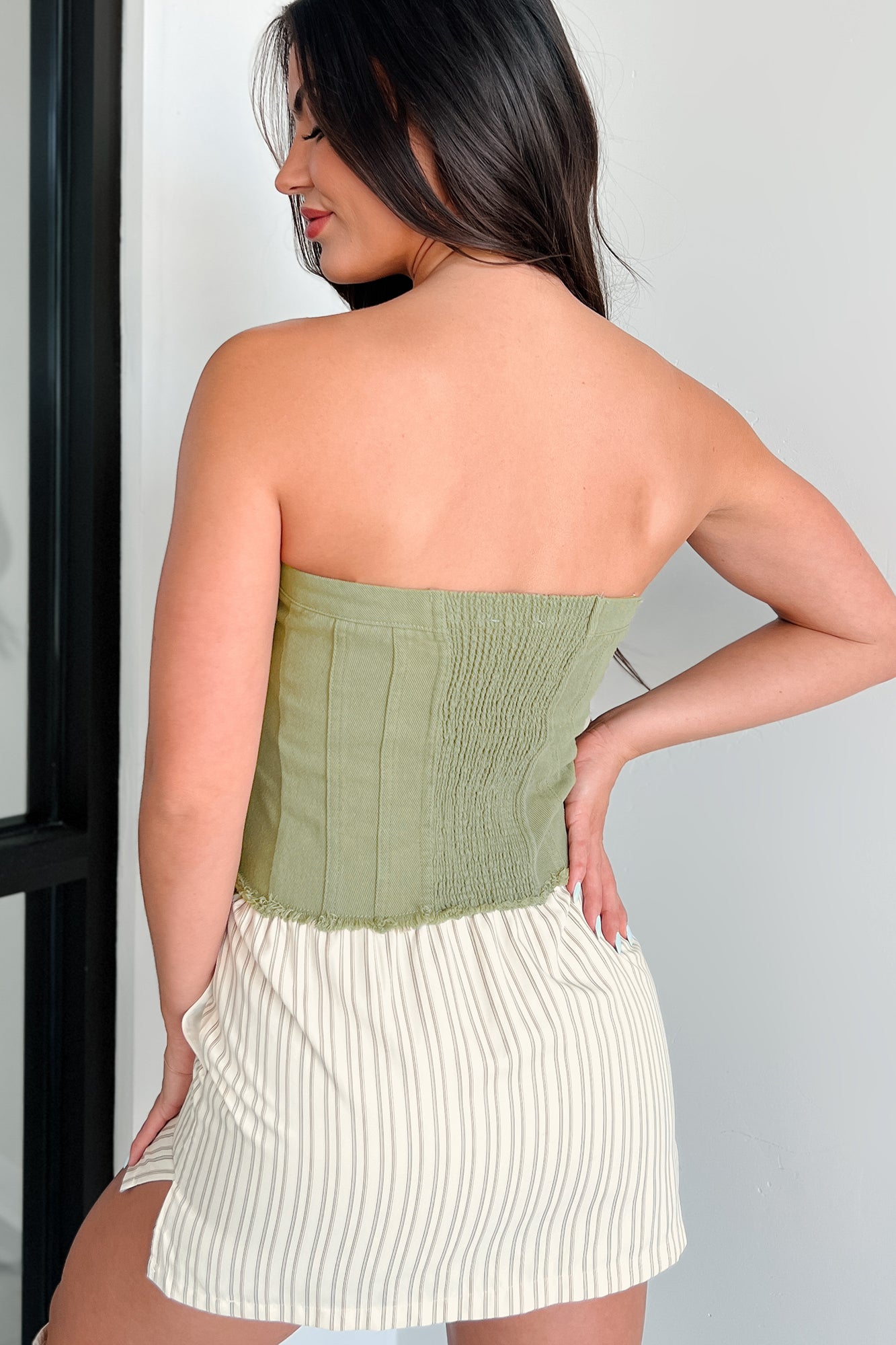 In Too Deep Zip-Front Denim Tube Top (Olive) - NanaMacs