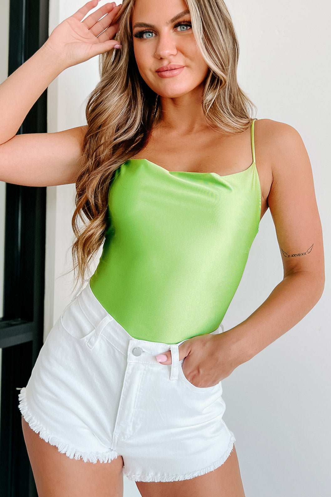 In Your Thoughts Cowl Neck Bodysuit (Lime) - NanaMacs