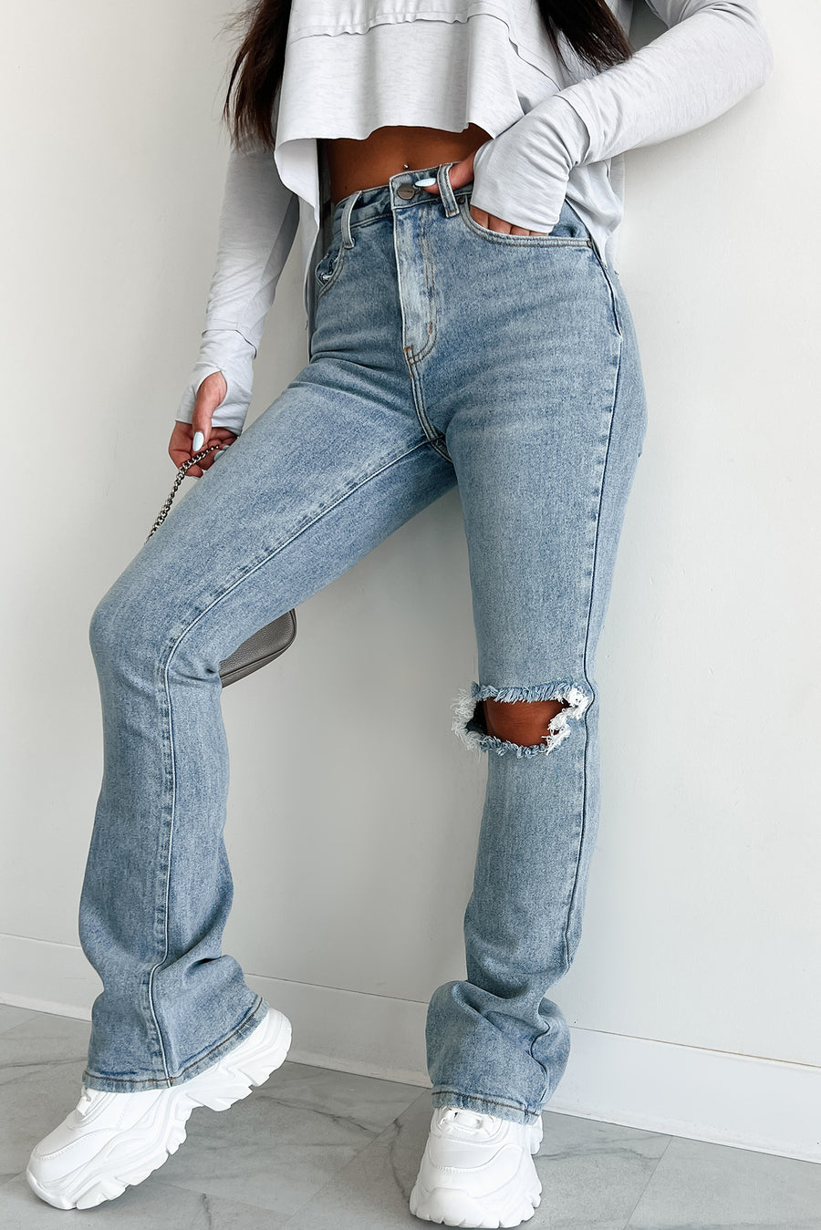 Ronan High Rise Distressed Dogma Flare Jeans (Light Wash) - NanaMacs