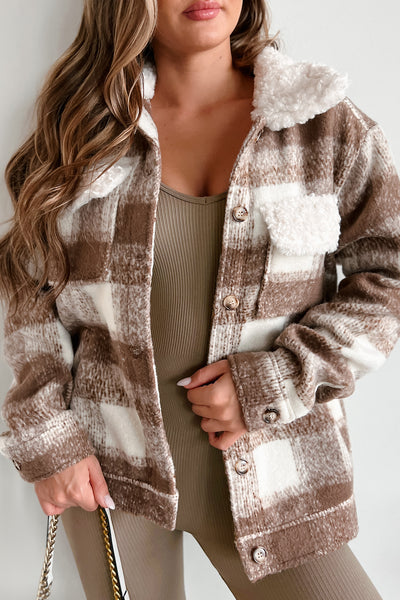 Start A Fire Plaid Jacket With Teddy Collar (Ivory/Mocha) - NanaMacs