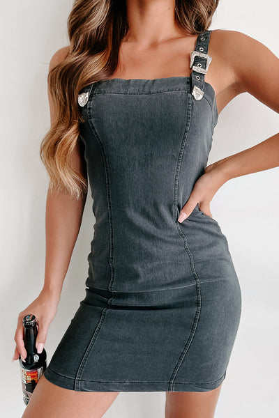 Buckle Up Babe Denim Mini Dress (Washed Black) - NanaMacs