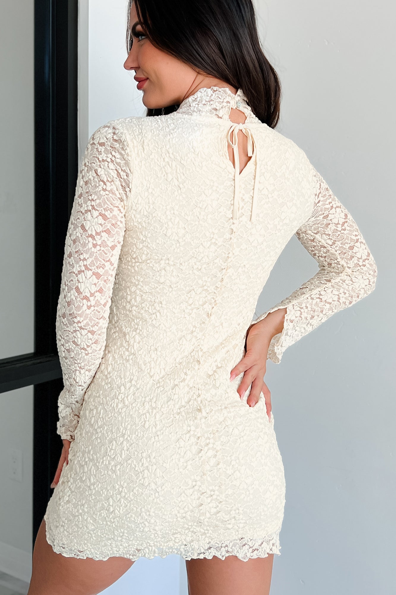 Vision To Behold Lace Long Sleeve Mini Dress (Cream) - NanaMacs