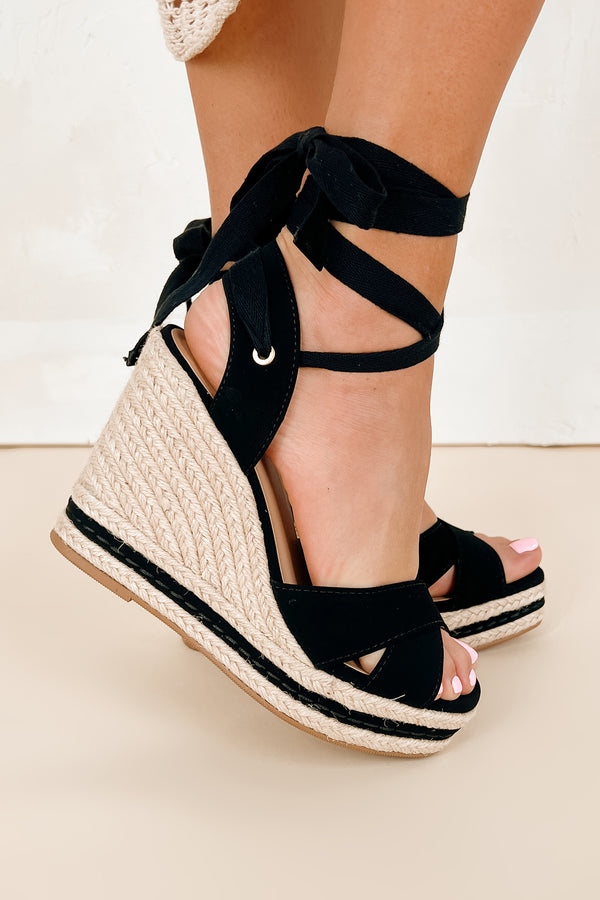 Confidence Factor Ankle Wrap Platform Wedge Sandals (Black) - NanaMacs