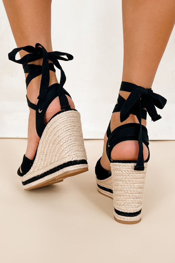 Confidence Factor Ankle Wrap Platform Wedge Sandals (Black) - NanaMacs