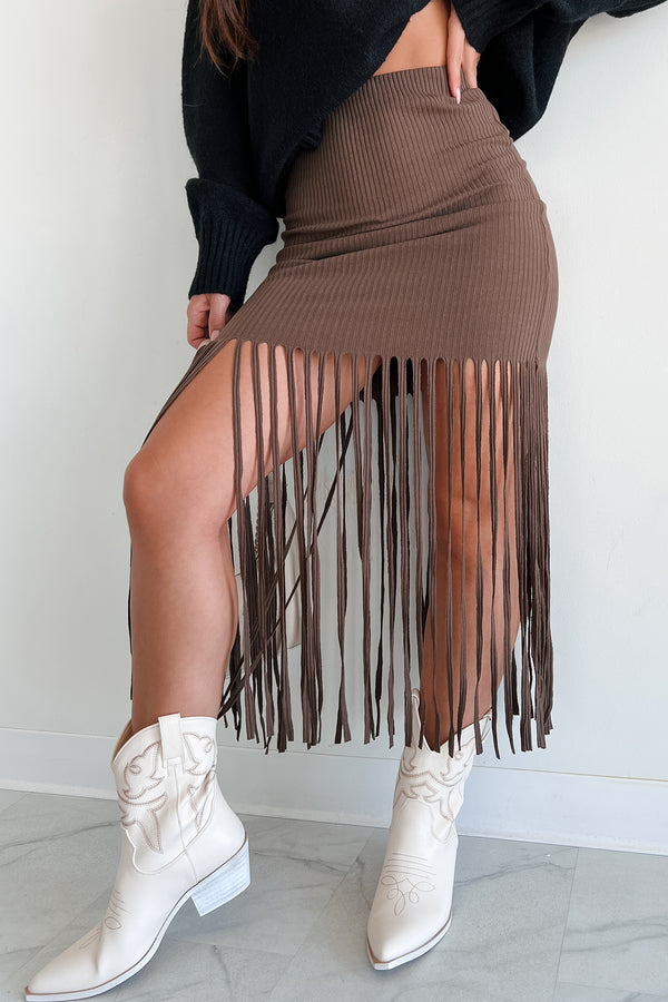 Wild Spirit Fringe Rib Knit Skirt (Brown) - NanaMacs