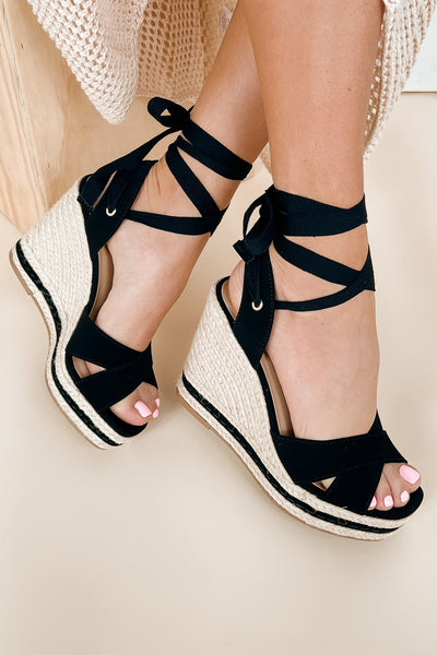 Confidence Factor Ankle Wrap Platform Wedge Sandals (Black) - NanaMacs