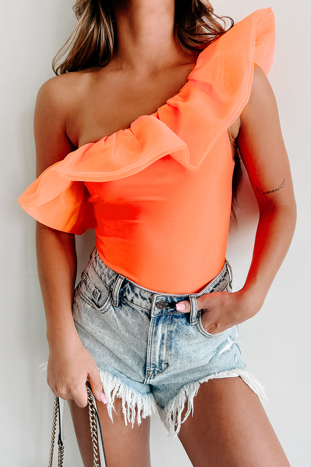 Artfully Done Ruffled One Shoulder Bodysuit (Orange) - NanaMacs