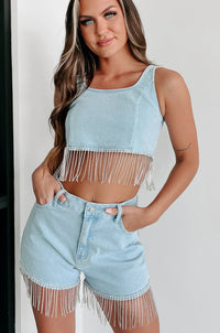 Blue Jean Baby Rhinestone Fringe Denim Two-Piece Shorts Set (Light Denim) - NanaMacs