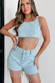 Blue Jean Baby Rhinestone Fringe Denim Two-Piece Shorts Set (Light Denim) - NanaMacs