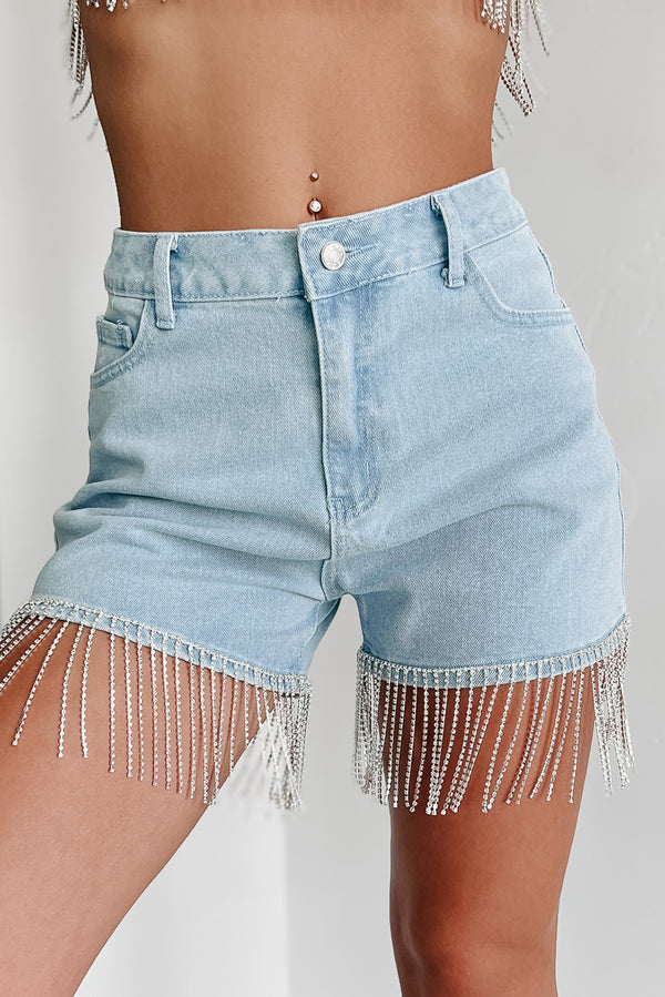 Blue Jean Baby Rhinestone Fringe Denim Two-Piece Shorts Set (Light Denim) - NanaMacs