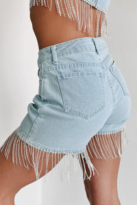 Blue Jean Baby Rhinestone Fringe Denim Two-Piece Shorts Set (Light Denim) - NanaMacs