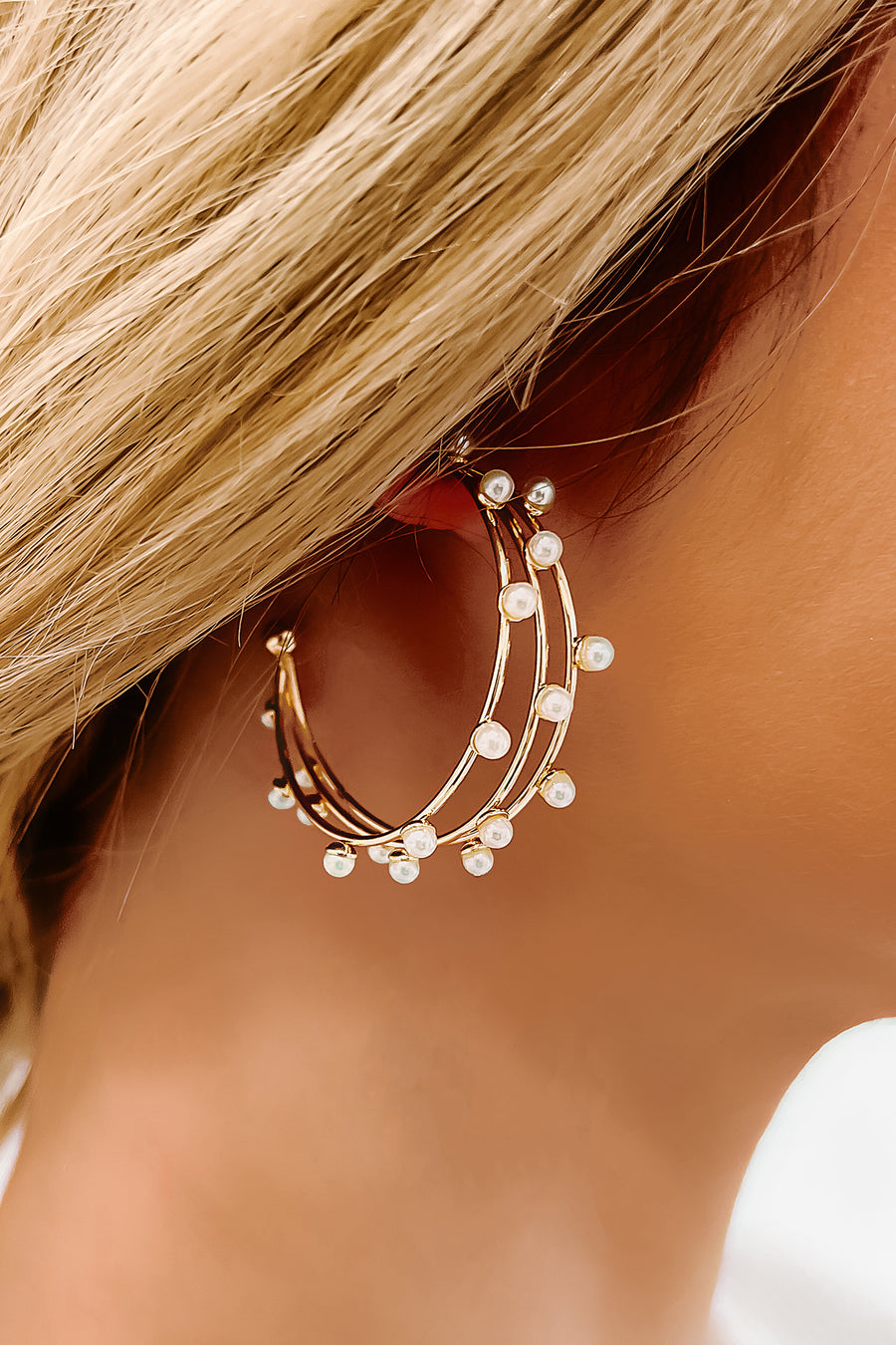 Always Appropriate Triple Wire Pearl Hoop Earrings (Gold) - NanaMacs