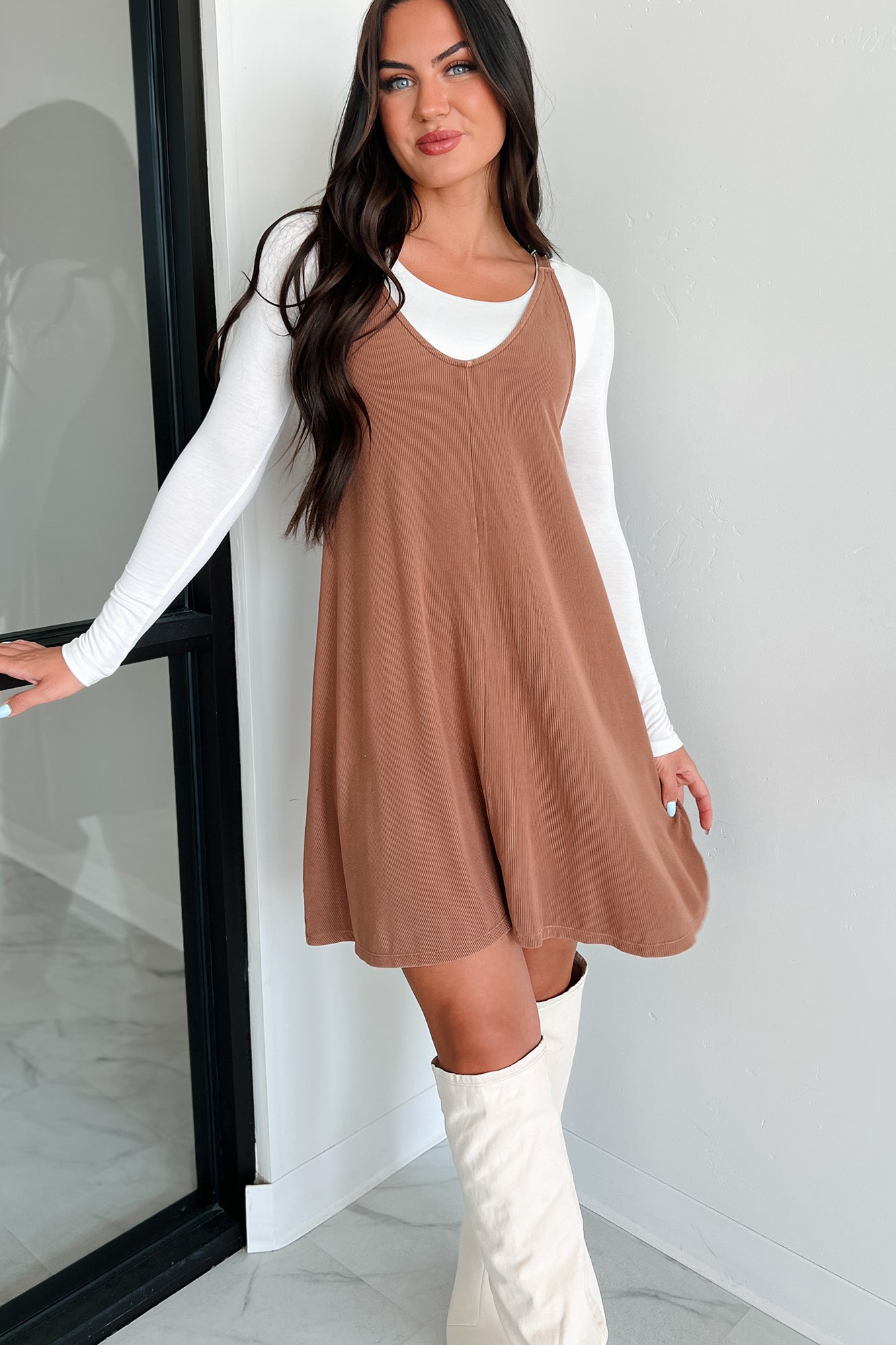 Rashana Ribbed V-Neck Mini Dress (Toffee Brown) - NanaMacs