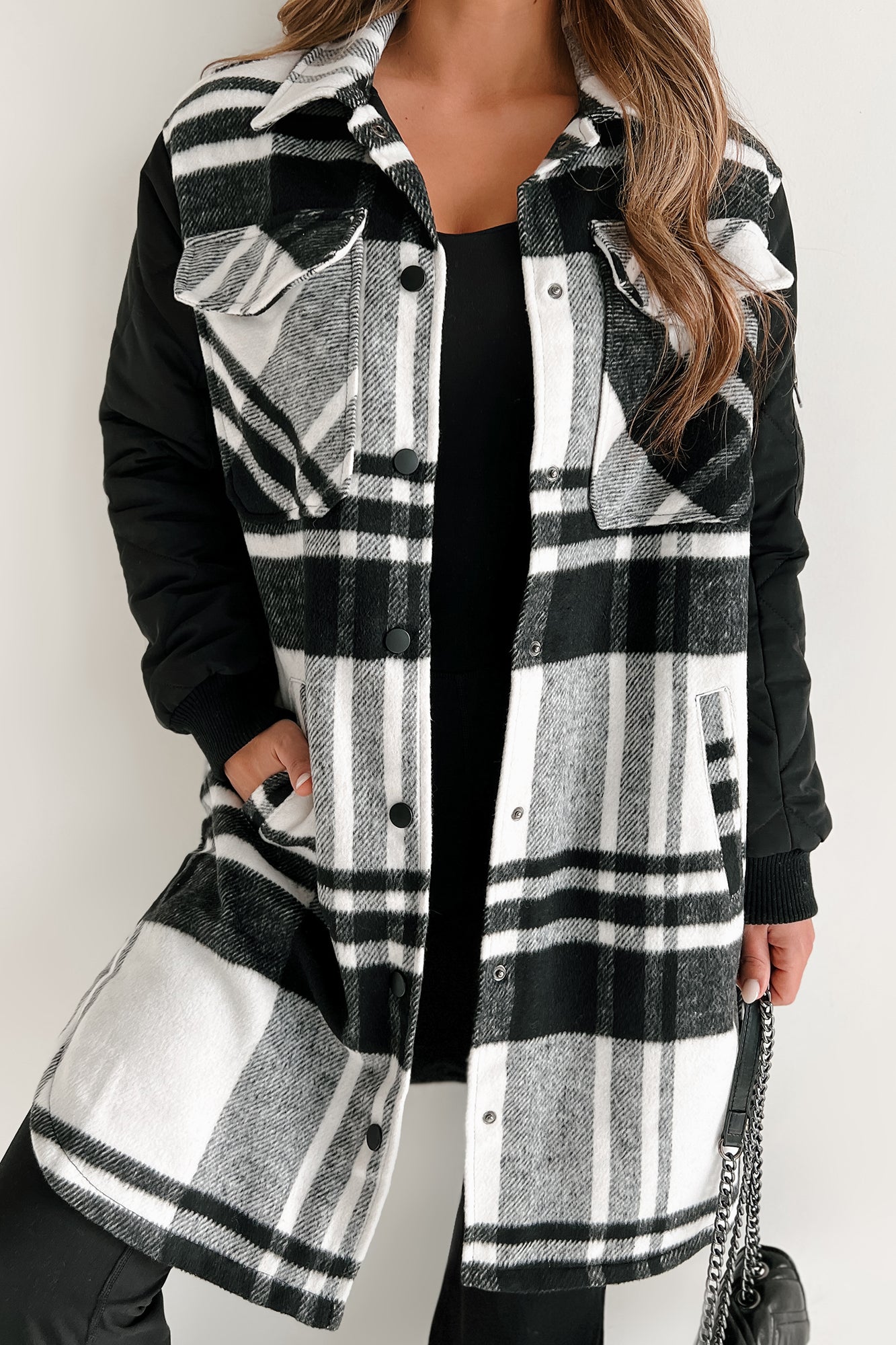 Embracing The Chill Quilted Sleeve Plaid Coat (Black) - NanaMacs