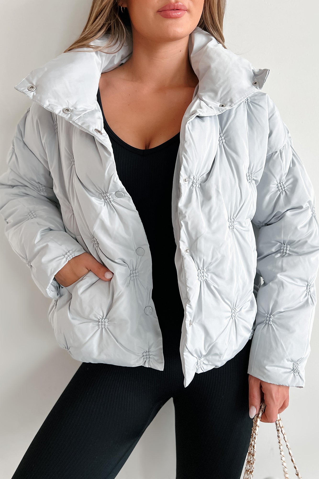 Pale blue puffer store coat