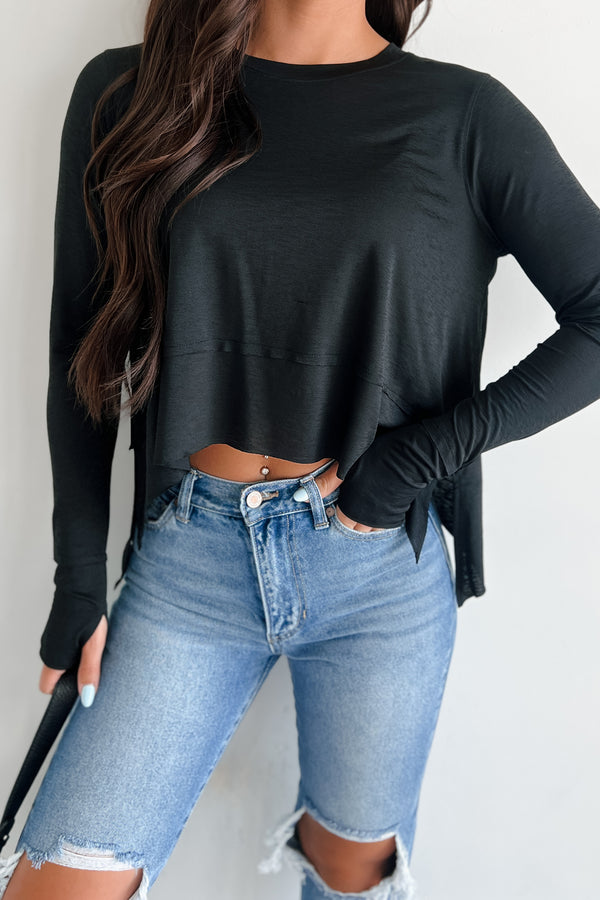 Adair Side Slit Long Sleeve Zenana Top (Black) - NanaMacs