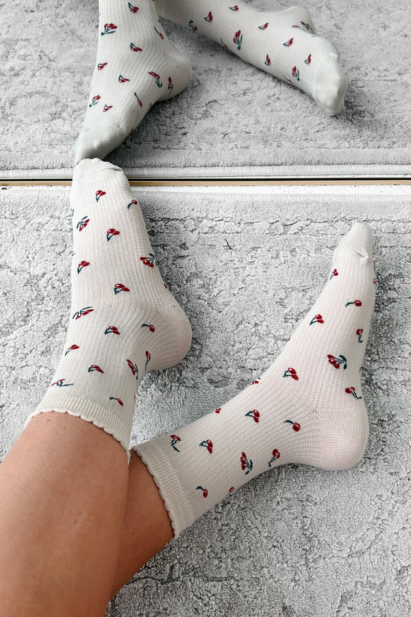 Fruity Feet Cherry Print Socks (Beige) - NanaMacs