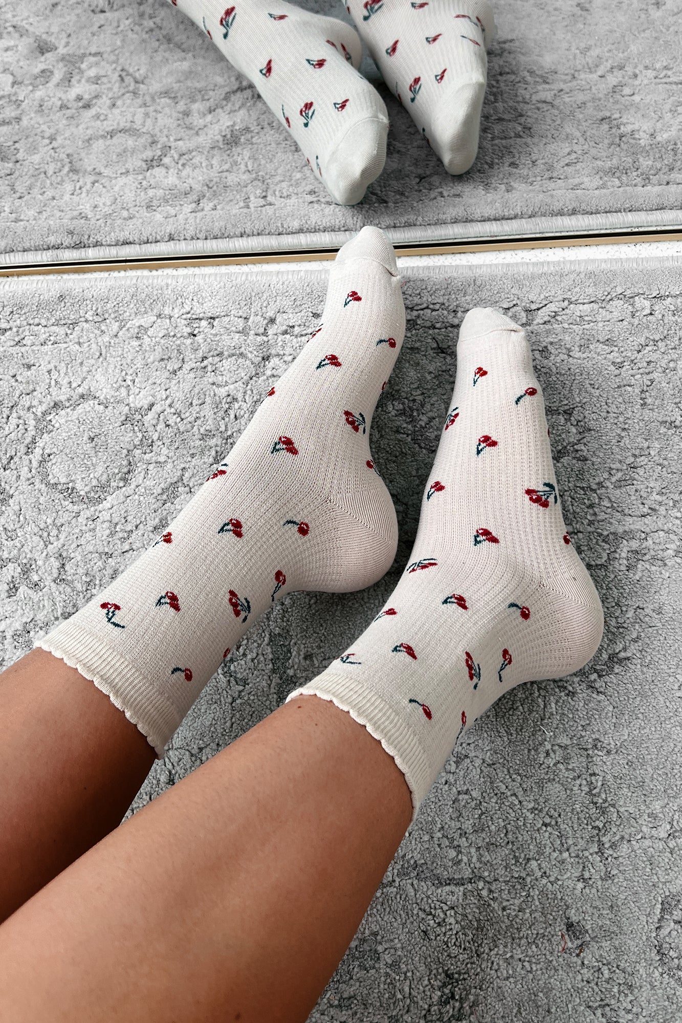 Fruity Feet Cherry Print Socks (Beige) - NanaMacs