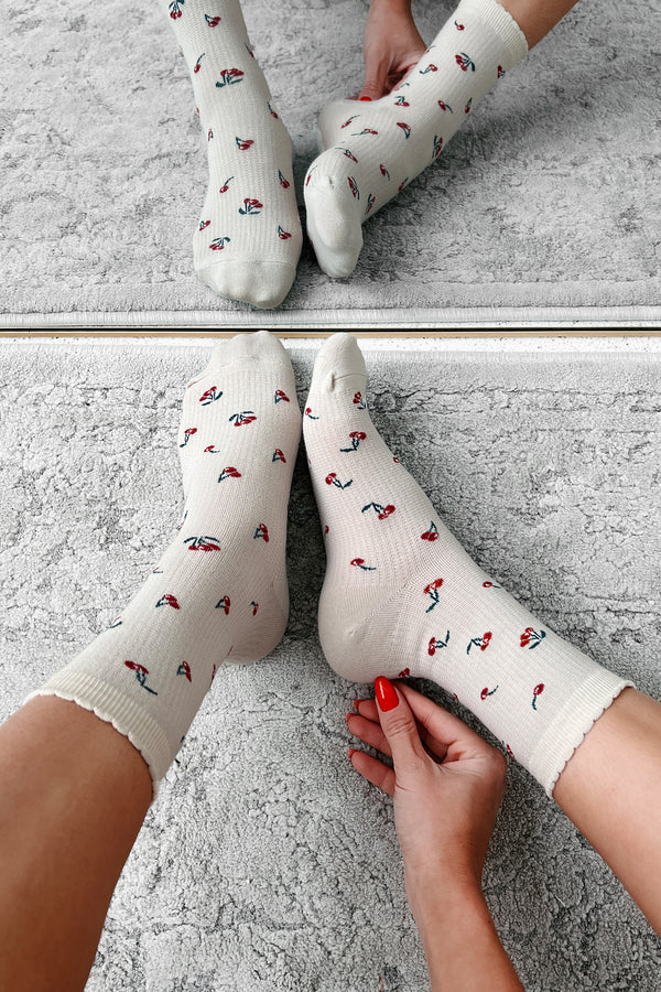 Fruity Feet Cherry Print Socks (Beige) - NanaMacs