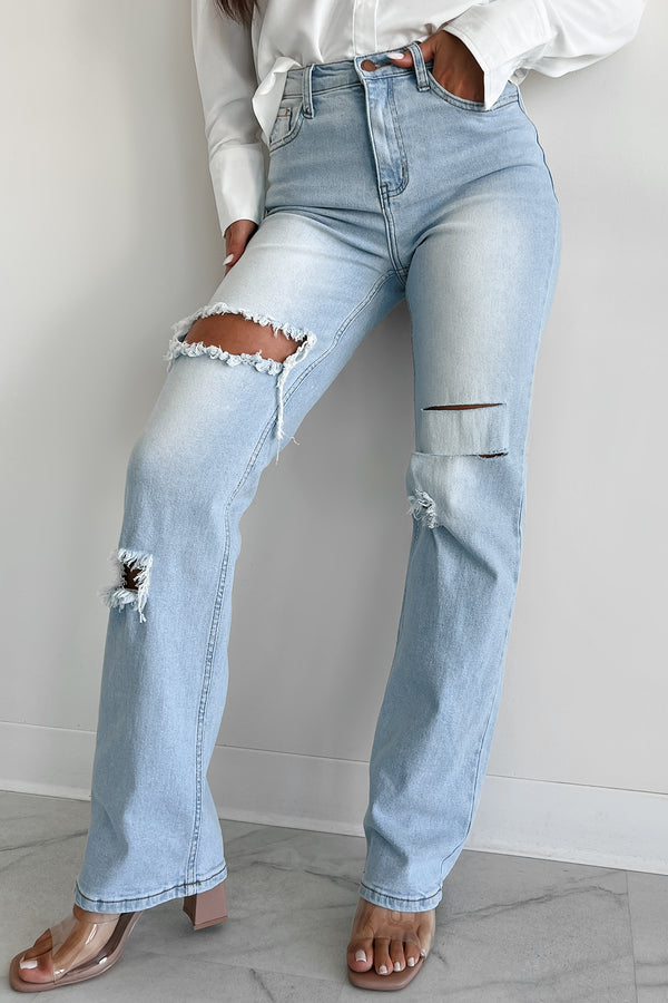 Only Good Days High Rise Distressed Wide Leg Jeans (Light) - NanaMacs