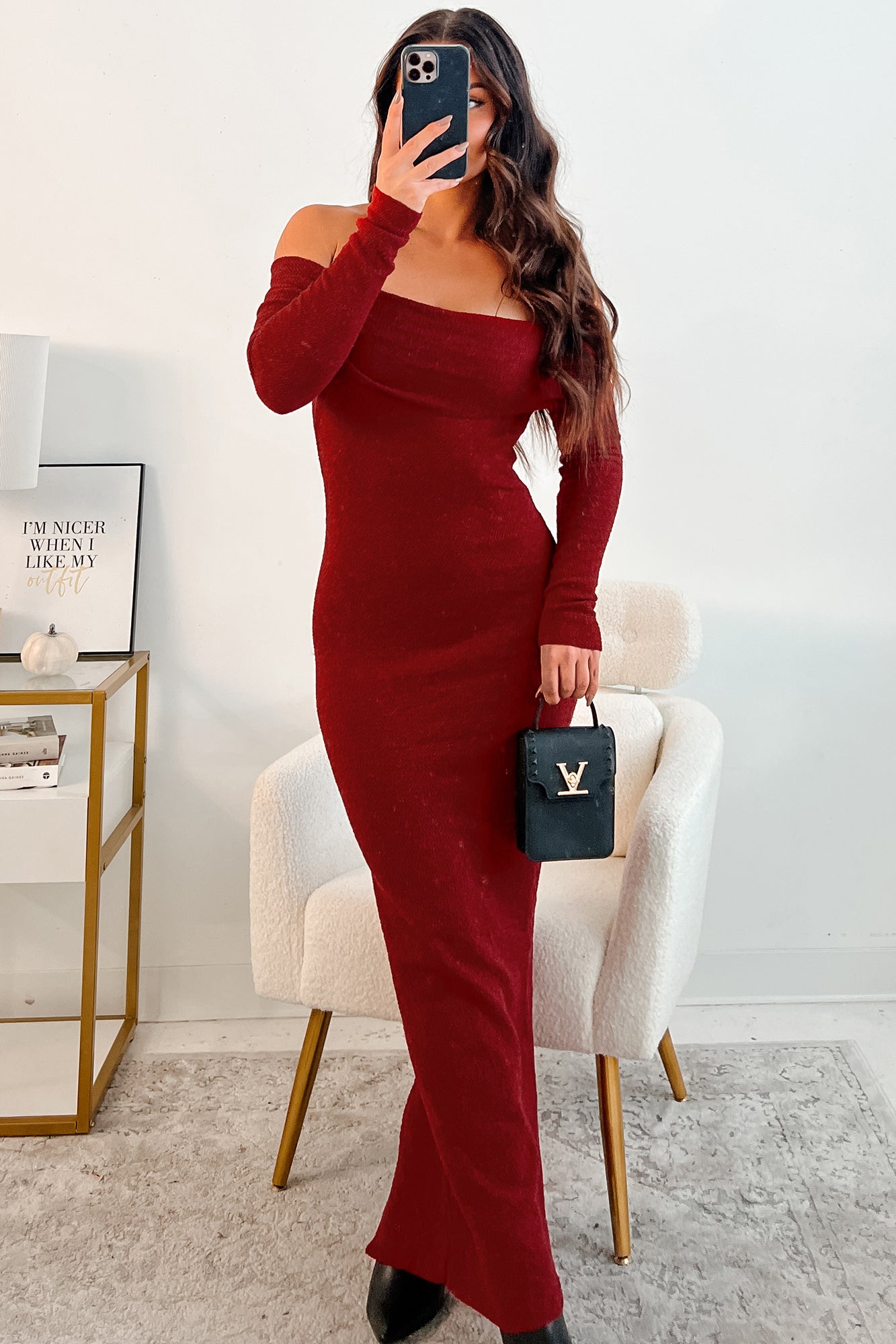 Women's Lovely Words Off The Shoulder Maxi Dress in Burgundy