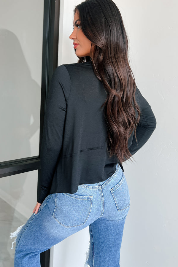 Adair Side Slit Long Sleeve Zenana Top (Black) - NanaMacs