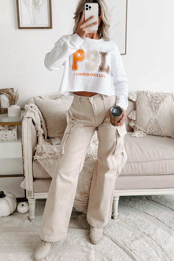 Livin' That PSL Life Raw Hem Cropped Graphic Crewneck (White) - Print On Demand - NanaMacs