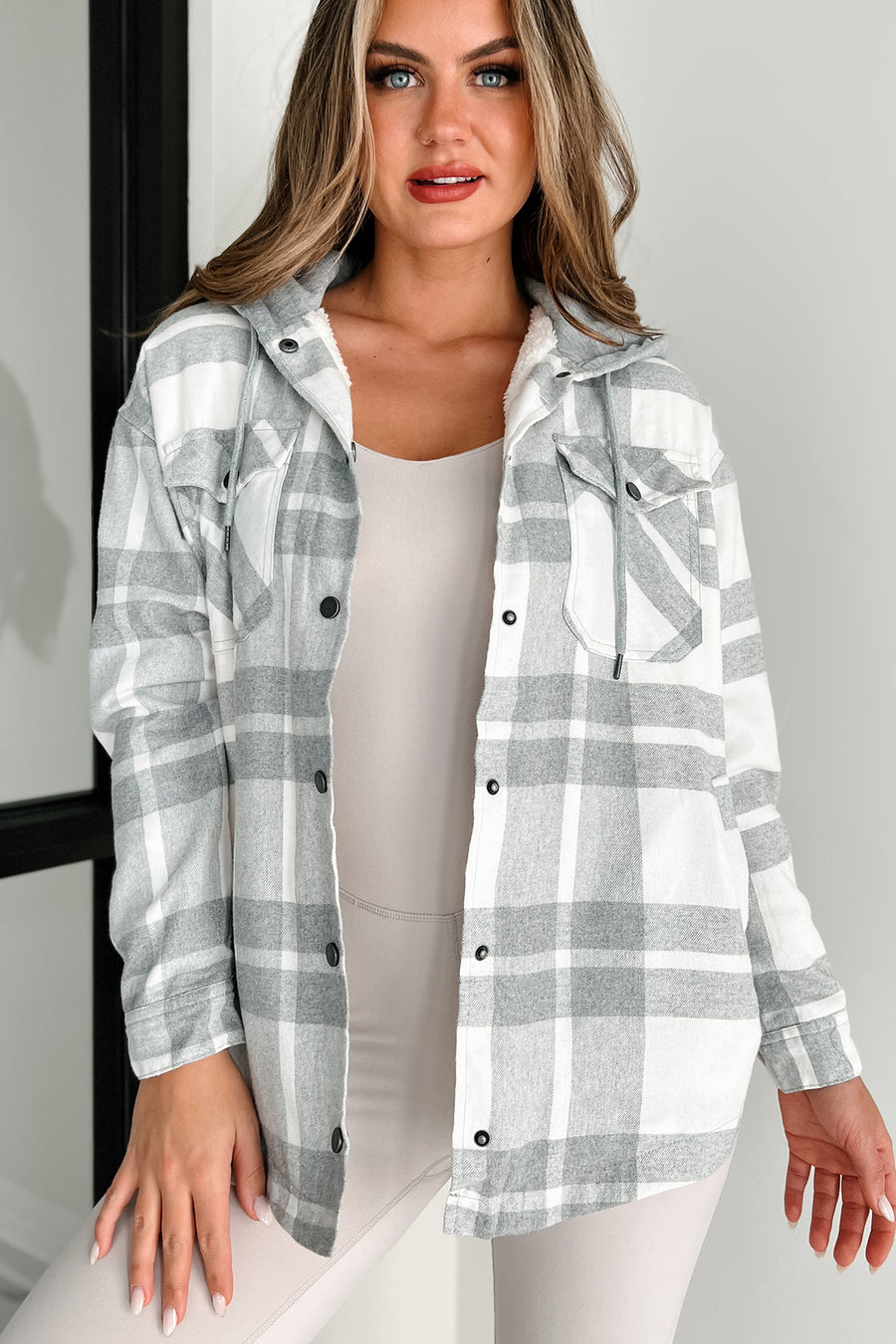 Down Country Roads Sherpa Lined Hooded Flannel Shacket (Grey/White) - NanaMacs