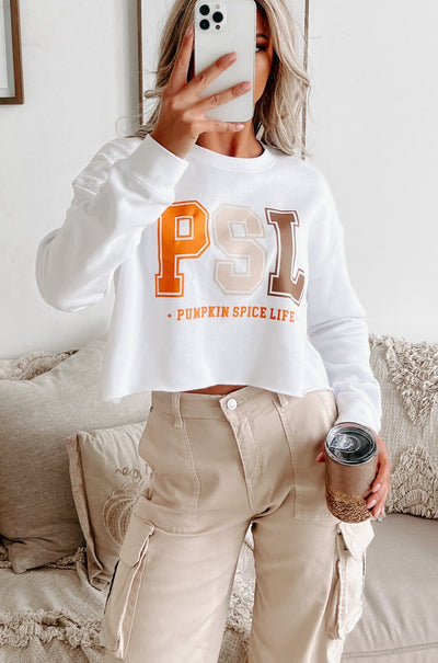 Livin' That PSL Life Raw Hem Cropped Graphic Crewneck (White) - Print On Demand - NanaMacs