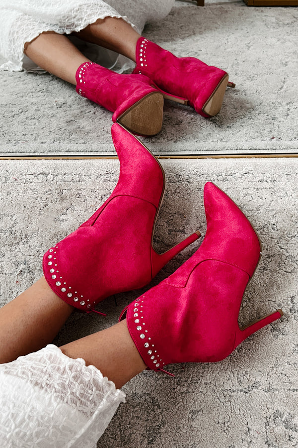 Just Being Dramatic Faux Suede Rhinestone Detail Booties (Fuchsia) - NanaMacs