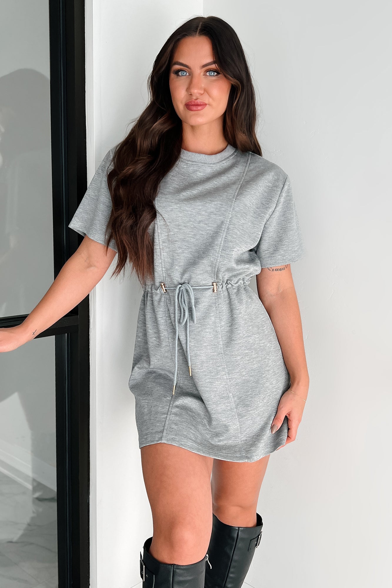 Daily Dose Of Cuteness Drawstring Waist T-Shirt Dress (Grey)