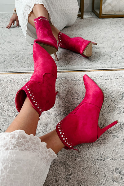 Just Being Dramatic Faux Suede Rhinestone Detail Booties (Fuchsia) - NanaMacs