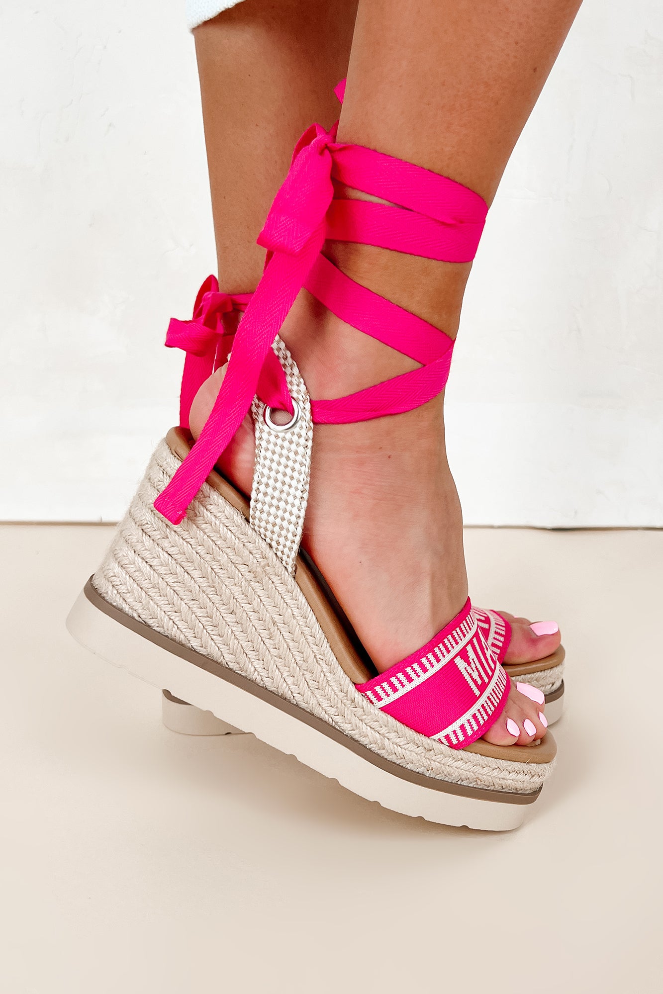 Miami Times Ankle Wrap Espadrille Wedges (Fuchsia/Bone) - NanaMacs