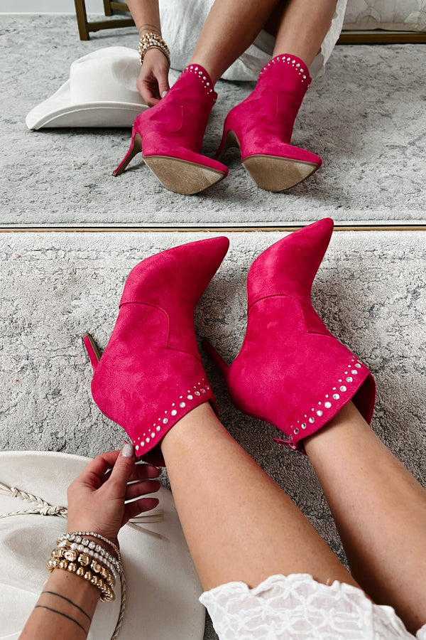 Just Being Dramatic Faux Suede Rhinestone Detail Booties (Fuchsia) - NanaMacs