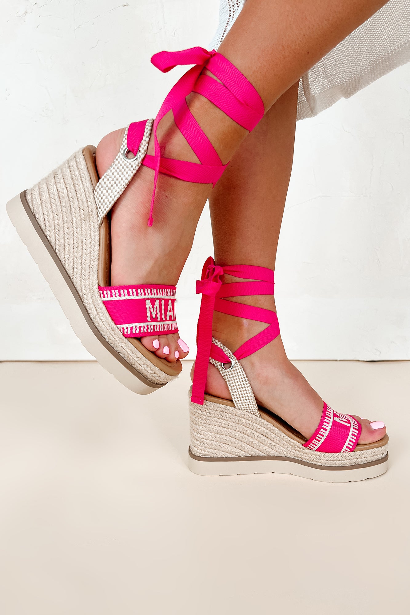 Miami Times Ankle Wrap Espadrille Wedges (Fuchsia/Bone) - NanaMacs