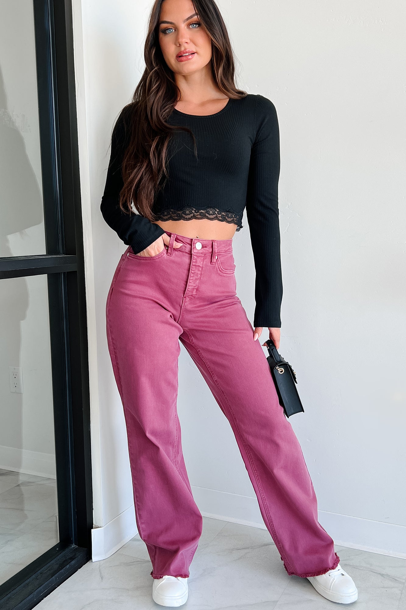 Afton Wide Leg Frayed Hem YMI Jeans (Boysenberry) - NanaMacs