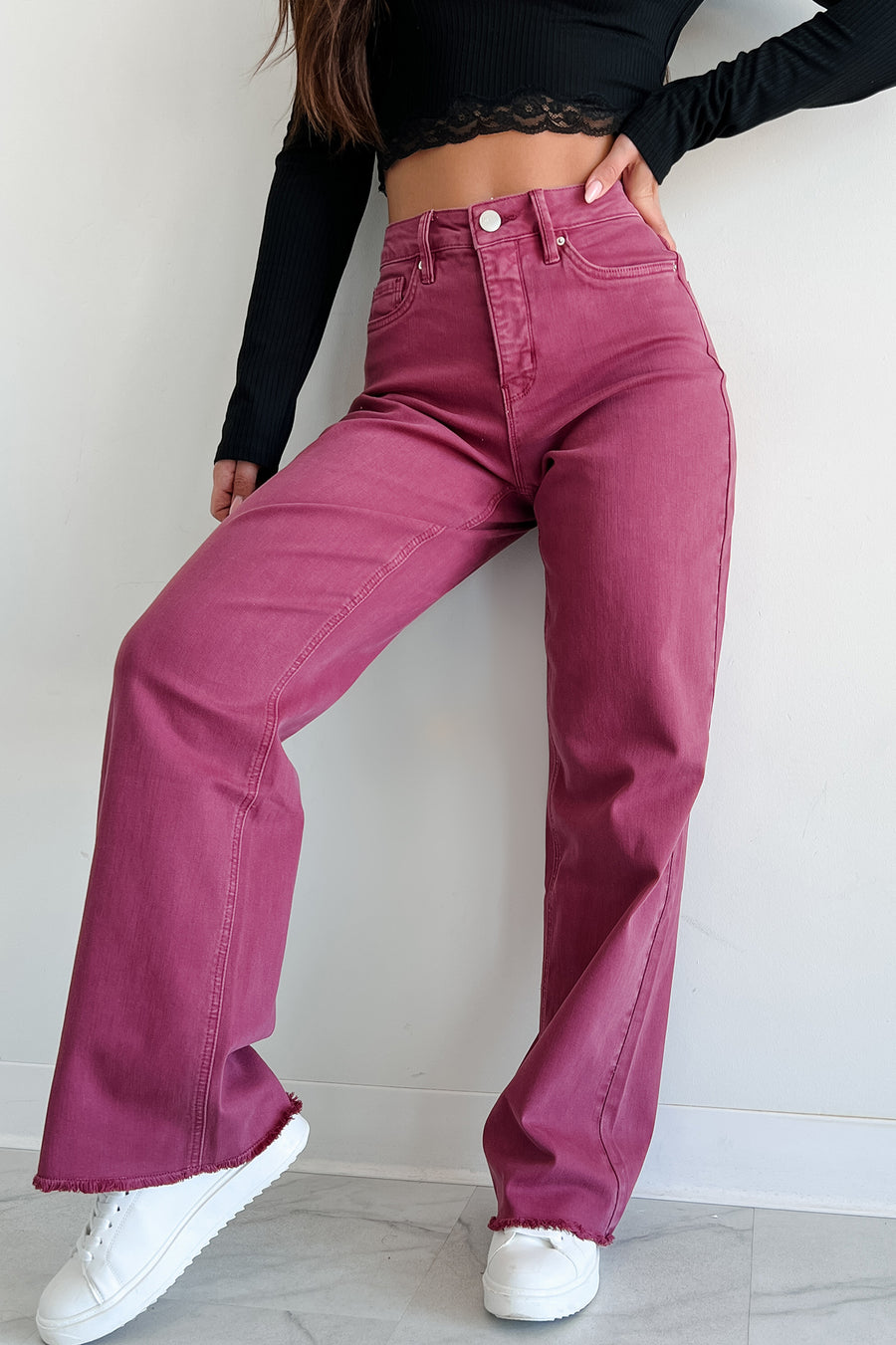 Afton Wide Leg Frayed Hem YMI Jeans (Boysenberry) - NanaMacs