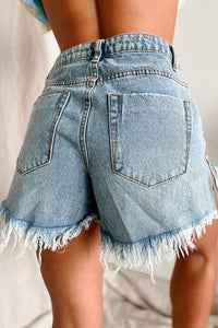 Blaise Mid Rise Destroyed Denim Shorts (Medium Denim) - NanaMacs