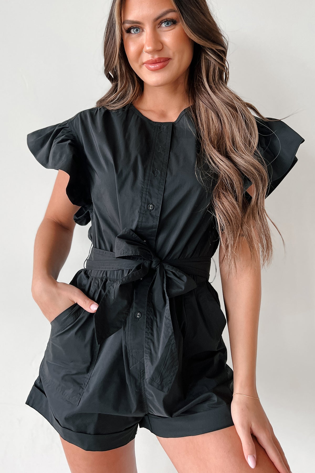Pin On Ruffle Romper Modelling Shula Button-Front Ruffle Sleeve Romper (Black) · NanaMacs