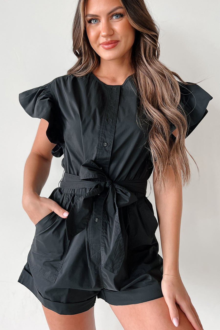 Shula Button-Front Ruffle Sleeve Romper (Black) · NanaMacs