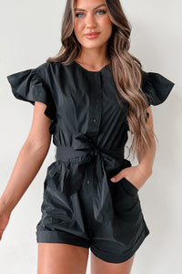 Shula Button-Front Ruffle Sleeve Romper (Black) - NanaMacs