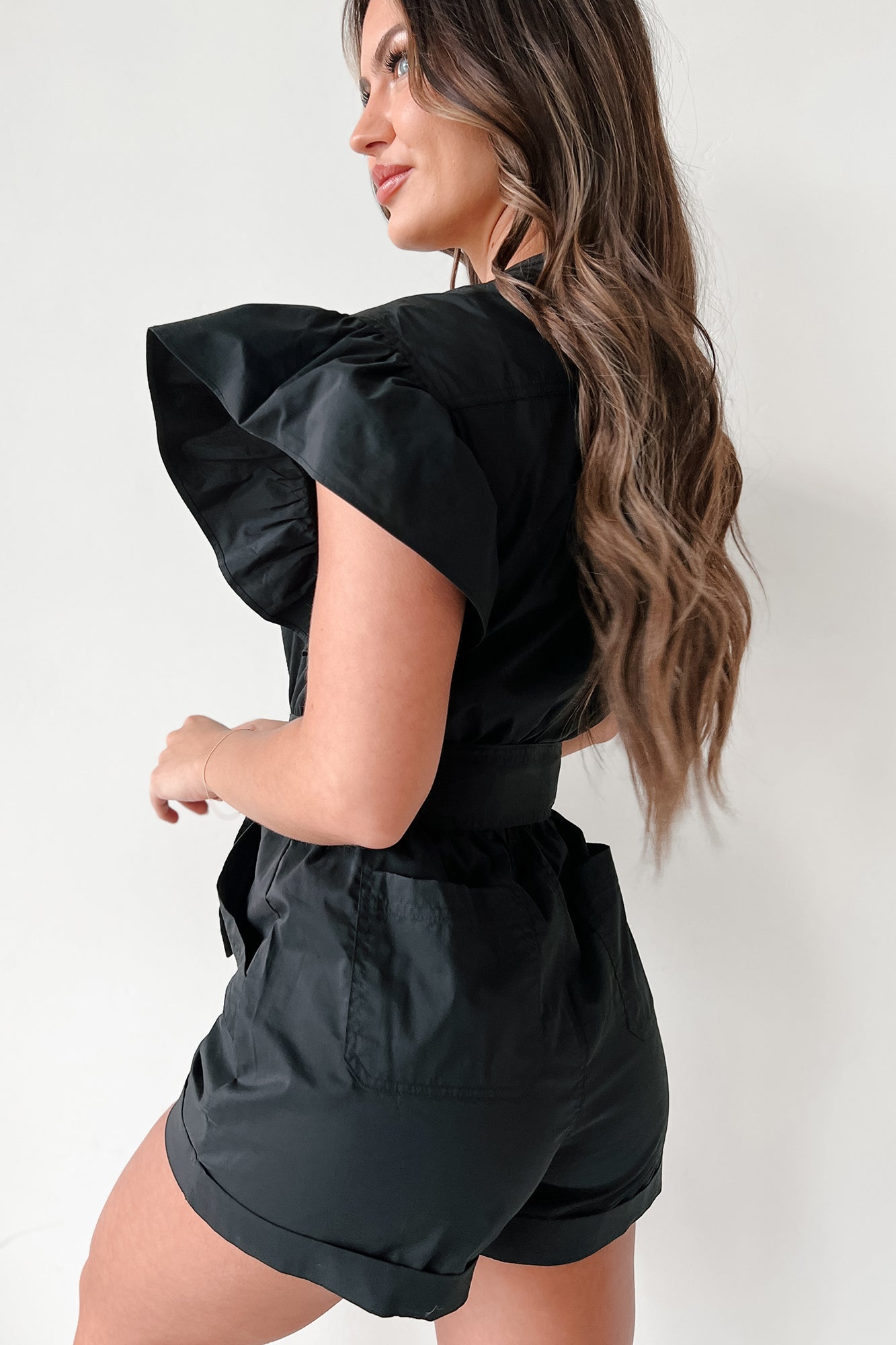 Shula Button-Front Ruffle Sleeve Romper (Black) · NanaMacs