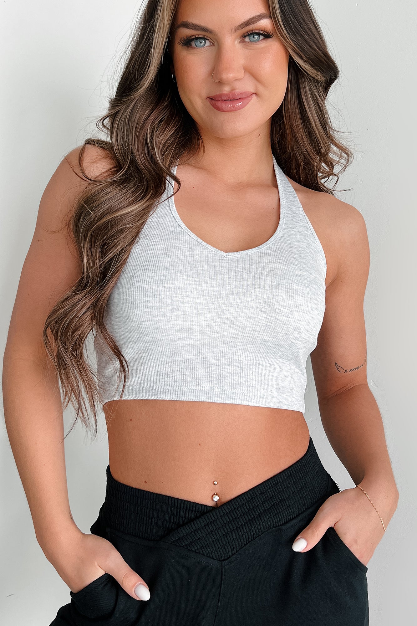 Alive & Well Ribbed Halter Crop Top (Light Grey) - NanaMacs