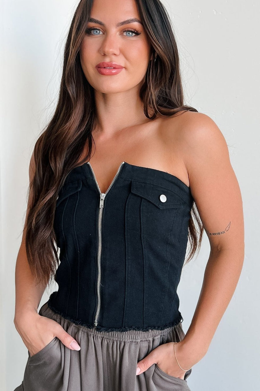 In Too Deep Zip-Front Denim Tube Top (Black) - NanaMacs