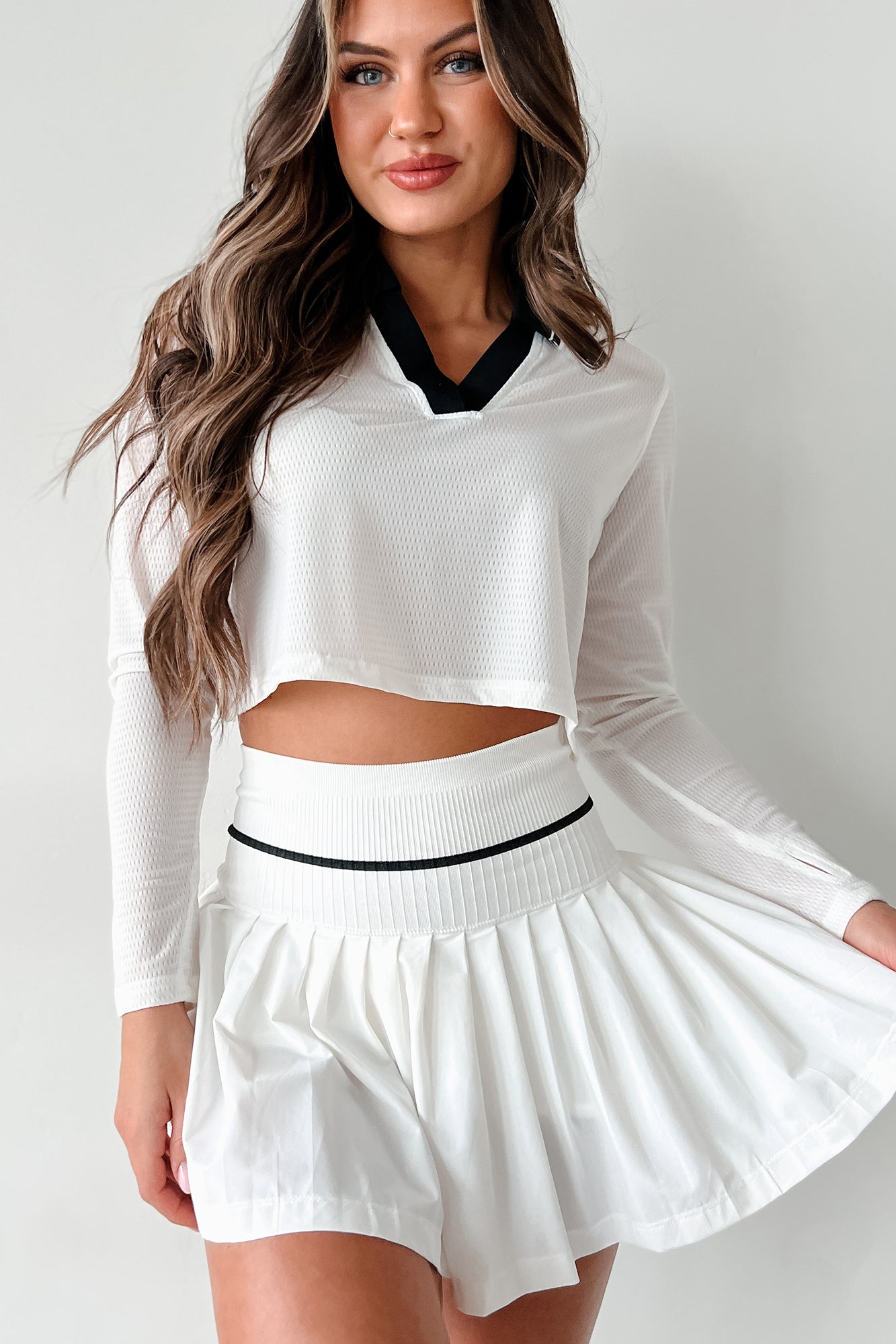Scoring Points Retro Stripe Crop Top & Tennis Skirt Set (White/Black) - NanaMacs