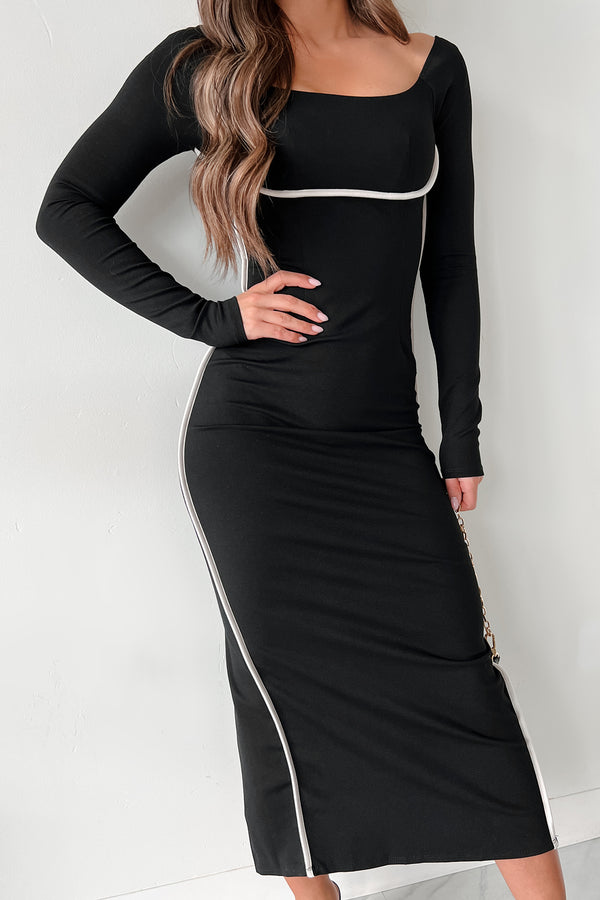 Curves For Days Contrast Trim Long Sleeve Bodycon (Black/White) - NanaMacs