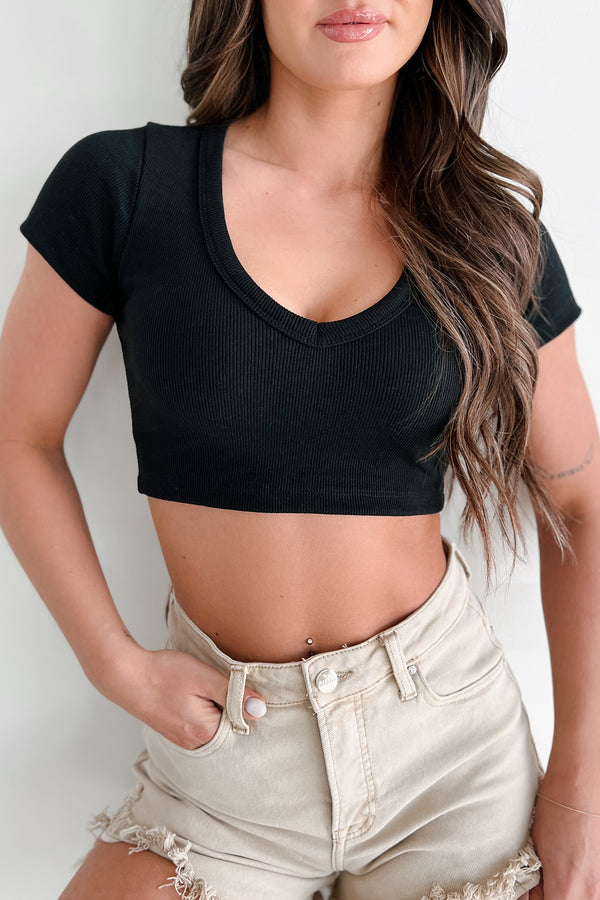 Carefree Mindset Ribbed V-Neck Crop Top (Black) - NanaMacs