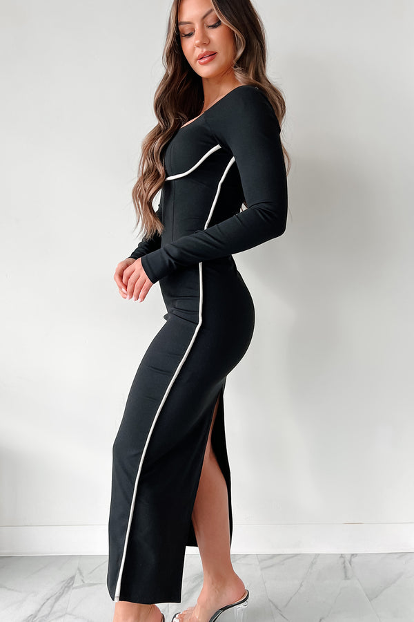 Curves For Days Contrast Trim Long Sleeve Bodycon (Black/White) - NanaMacs