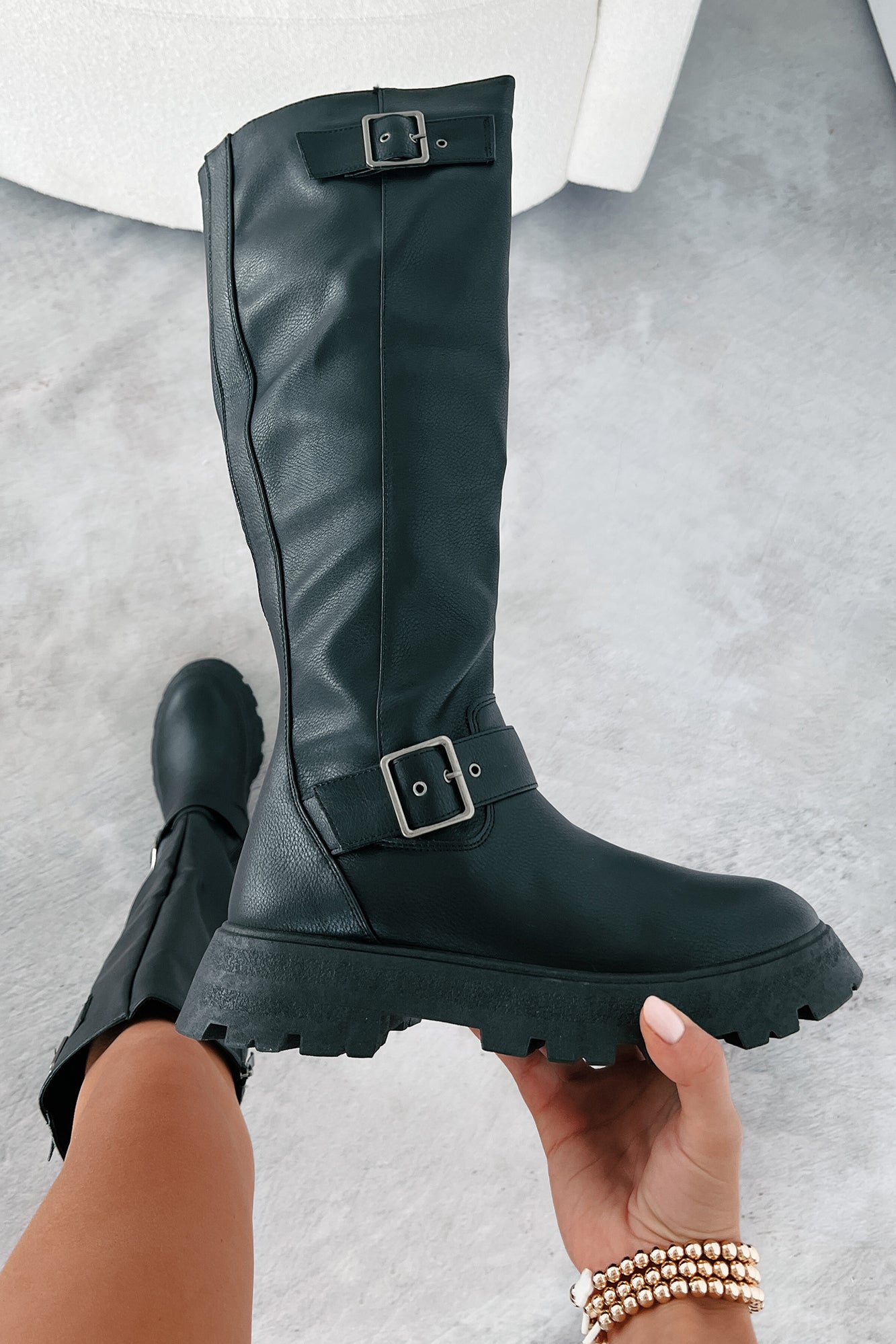 【ACLENT】Round buckle long boots Buy Black Leather Forever Comfort® Knee High Buckled Biker Boots